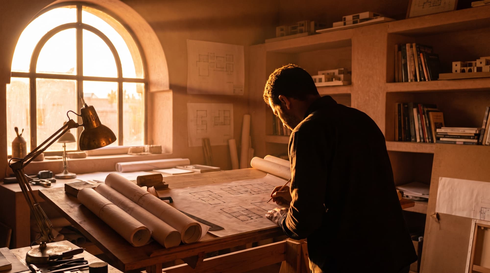 Un architecte dessine des plans à la main dans son atelier, dans la lumière du couchant