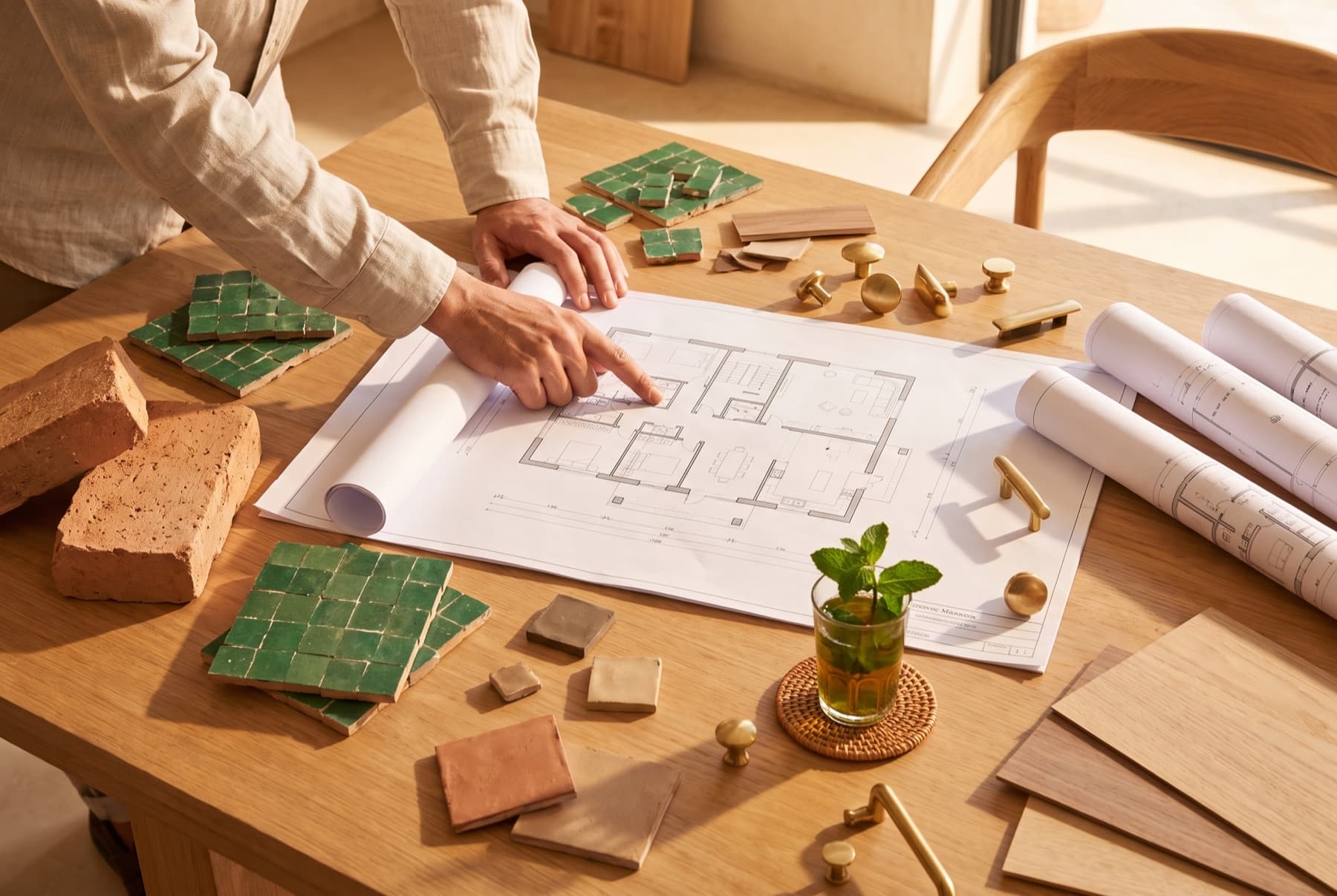 Vue plongeante sur une table de travail : plans annotés, échantillons de zellige et de tadelakt, thé à la menthe