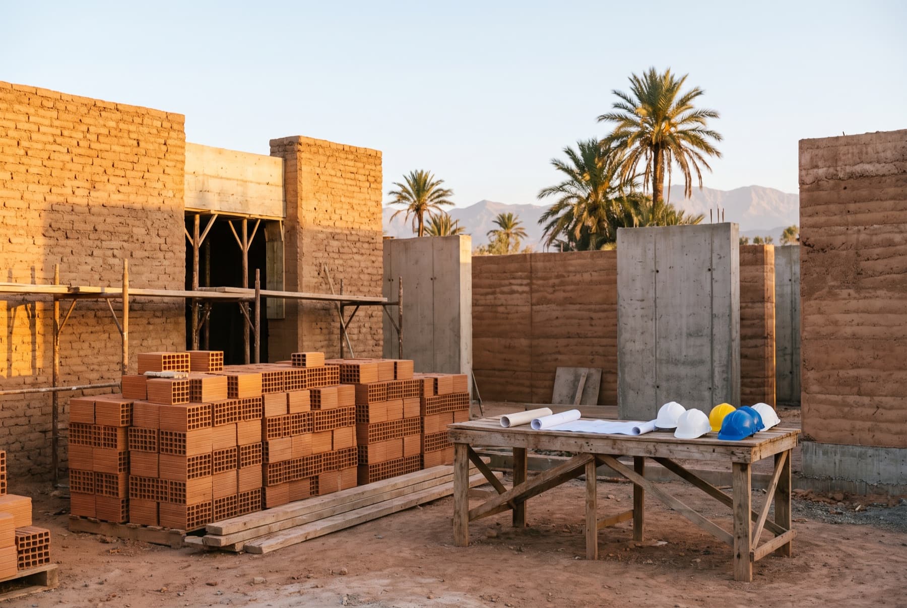 Chantier soigné d’une villa à Marrakech : murs de briques, échafaudages de bois et palmiers