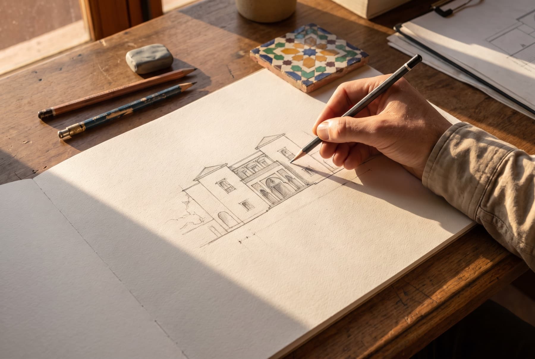 Main d’architecte dessinant au crayon l’élévation d’une villa