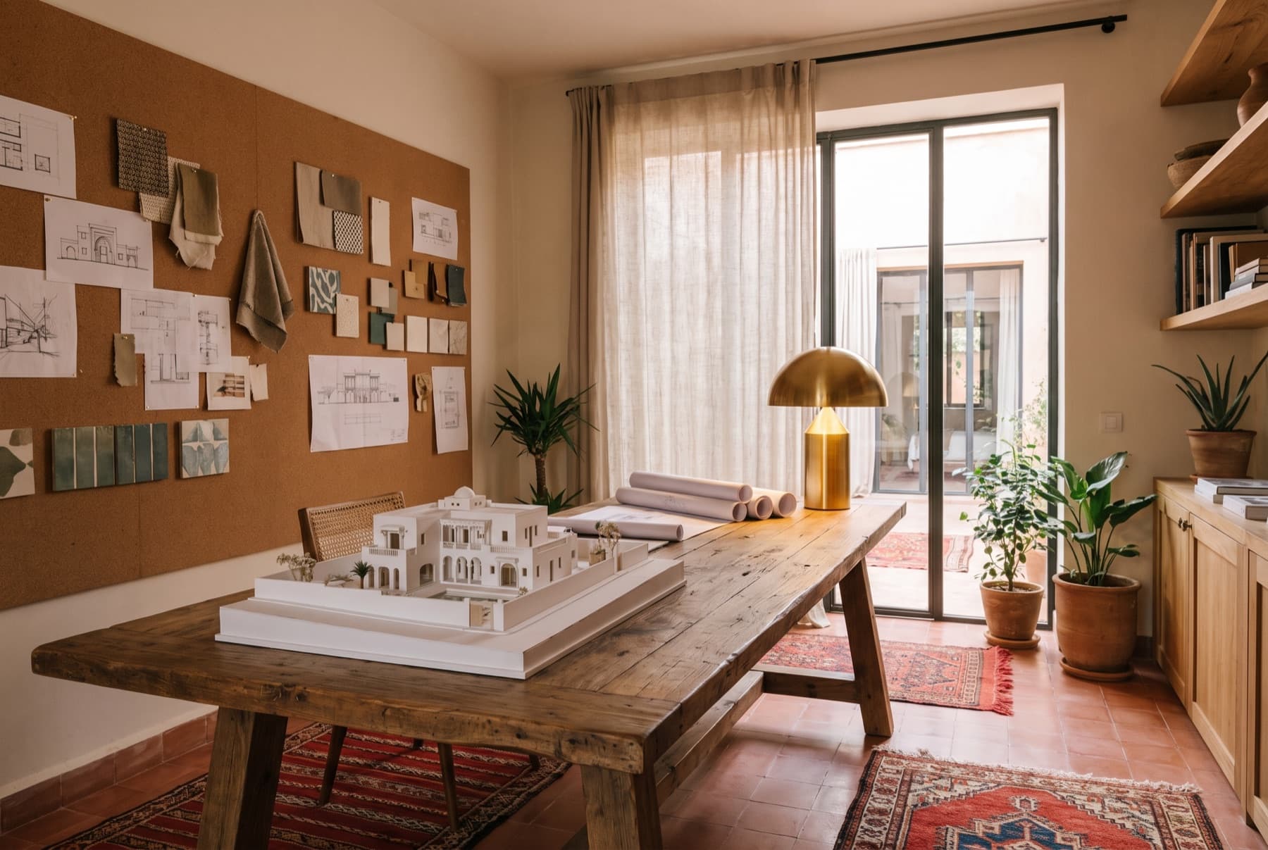 Atelier d’architecte : maquette blanche, plans déroulés et lampe en laiton