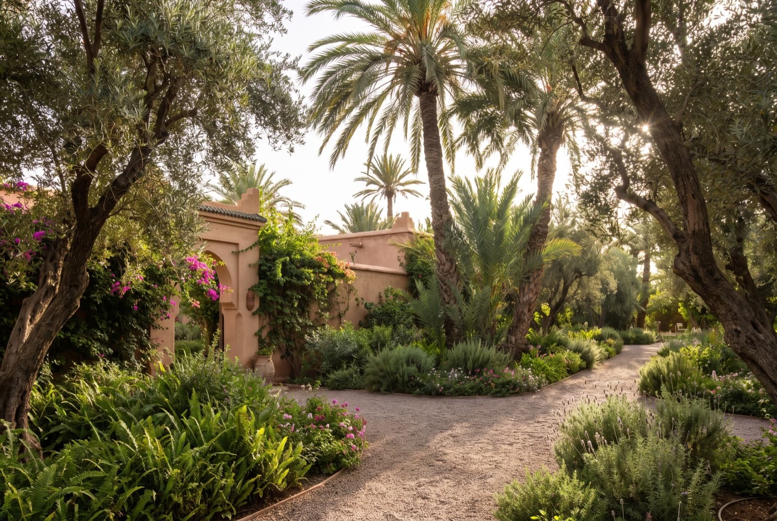 Jardin planté d’une villa à Marrakech, allées ombragées et végétation méditerranéenne