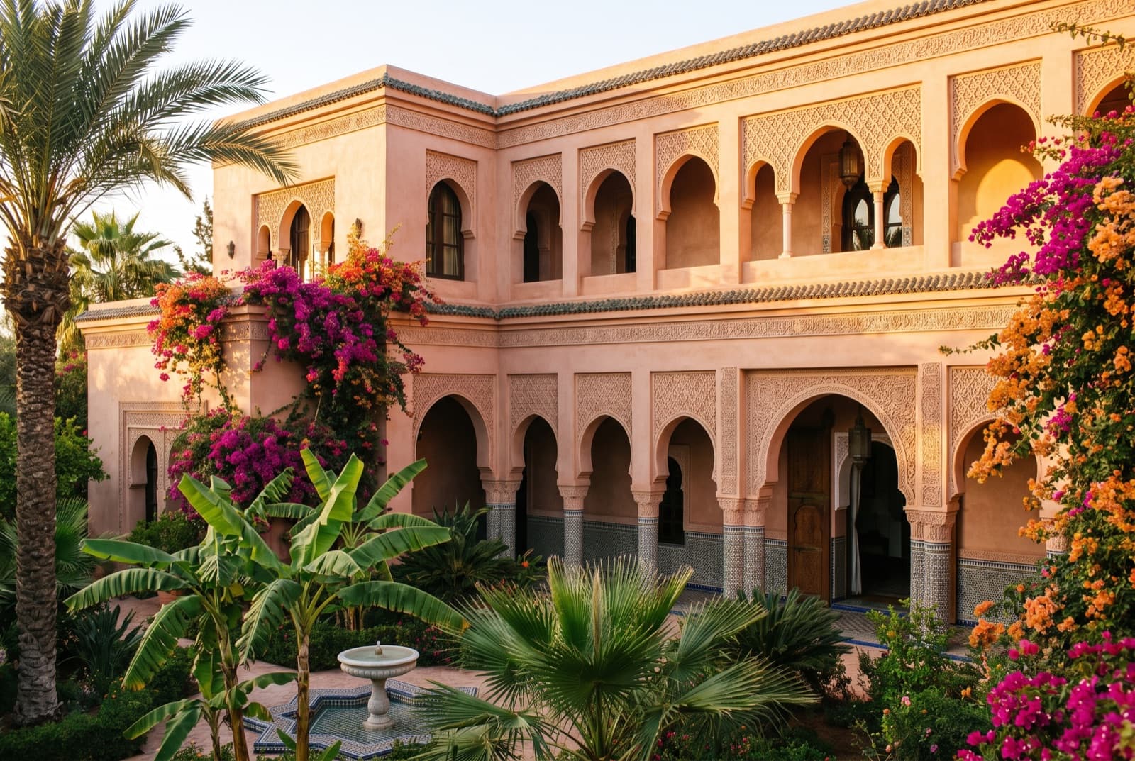 Néo-riad vu du jardin : arcs outrepassés, moucharabiehs et bassin